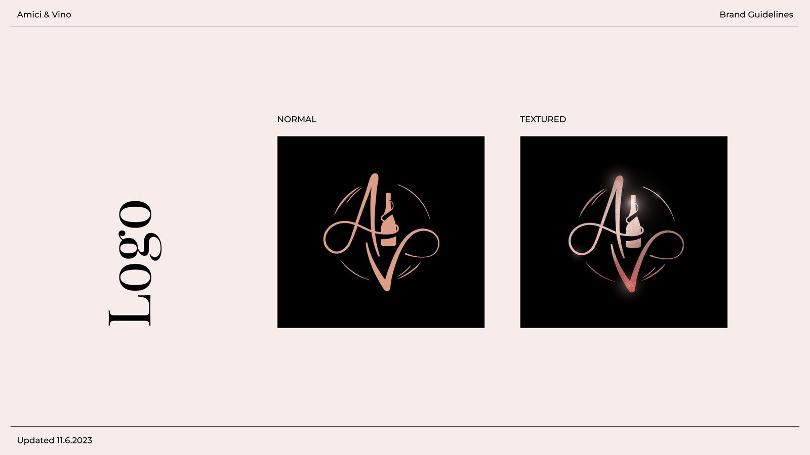 A guidelines page: the monogram on black, in flat colour and textured