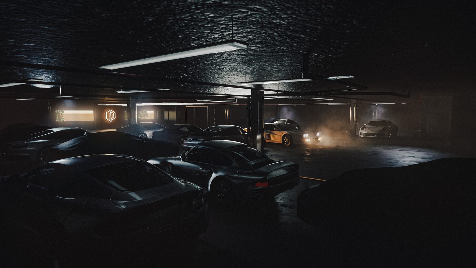 The garage at night: rows of parked cars, the lit Paddock P on the far wall and a car arriving through haze