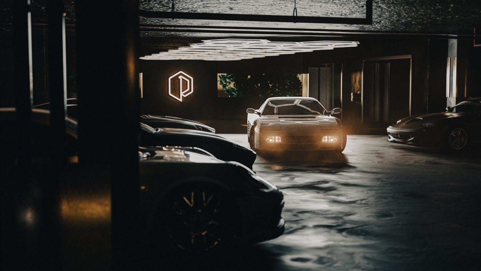 The lit Paddock P on the garage wall, a Testarossa's headlights beside it