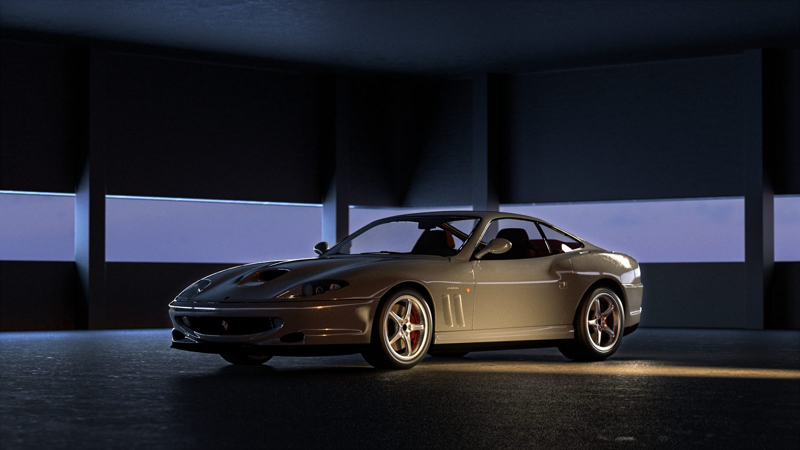 A silver Ferrari in an empty concrete room, a low warm light along its side under a dusk sky