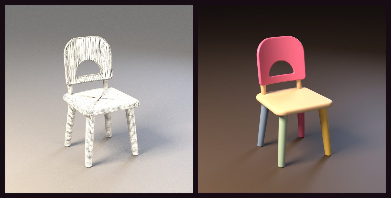 A child's chair as a white wireframe model, and the same chair painted and lit