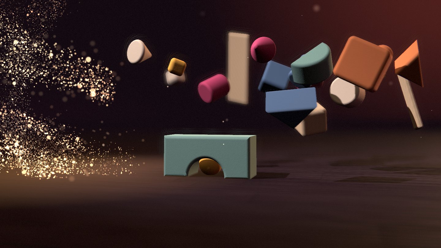 The painted blocks flying apart above the floor