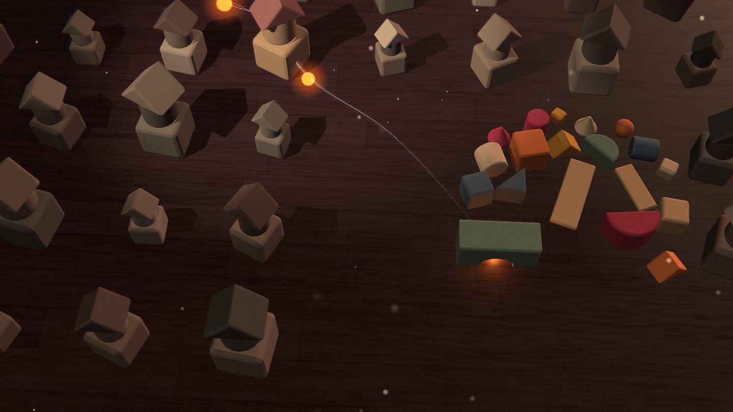 Many dark blocks across a wooden floor, the evening's painted blocks lit among them