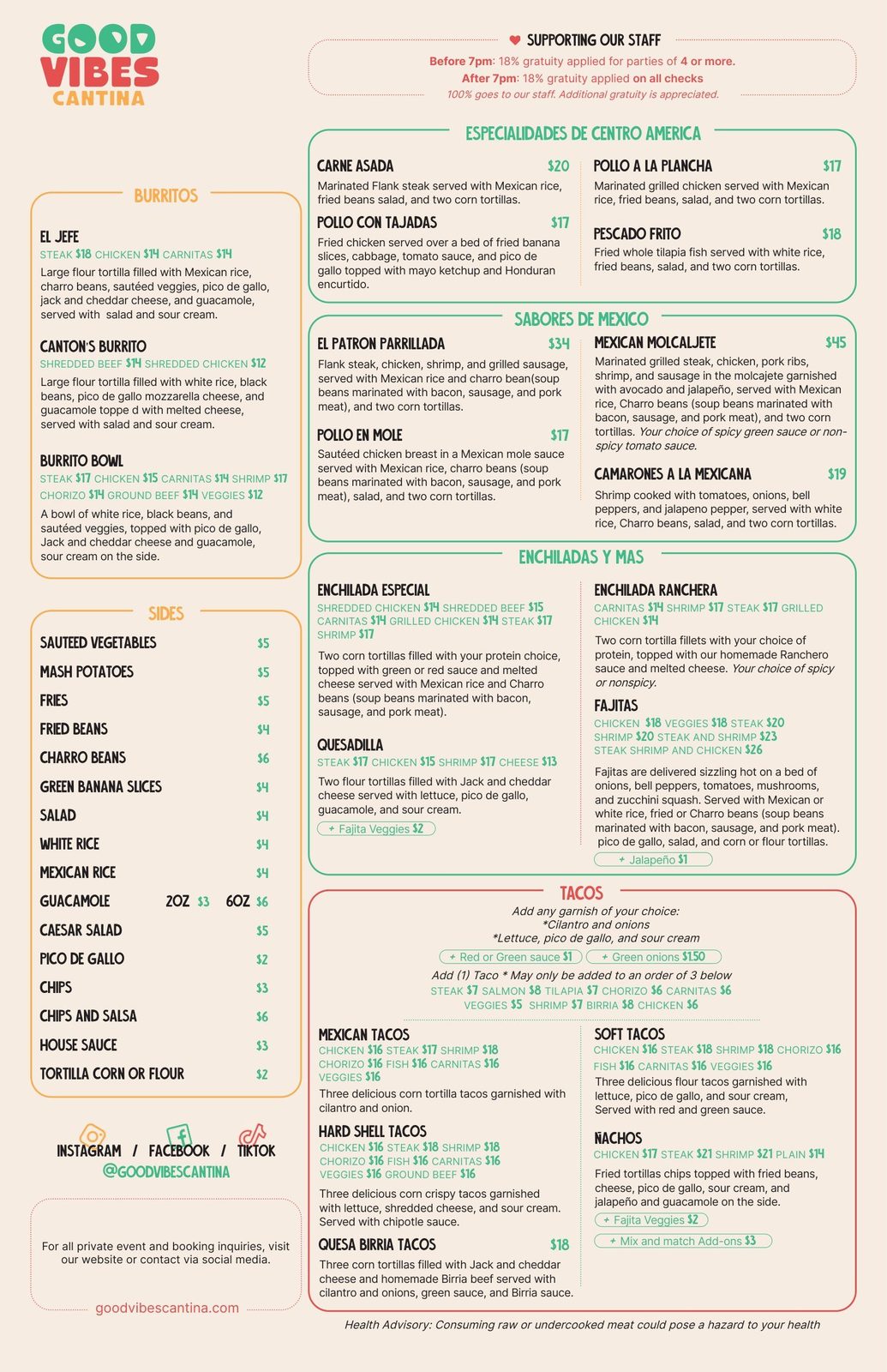 The main menu, second page: specialities, tacos and sides