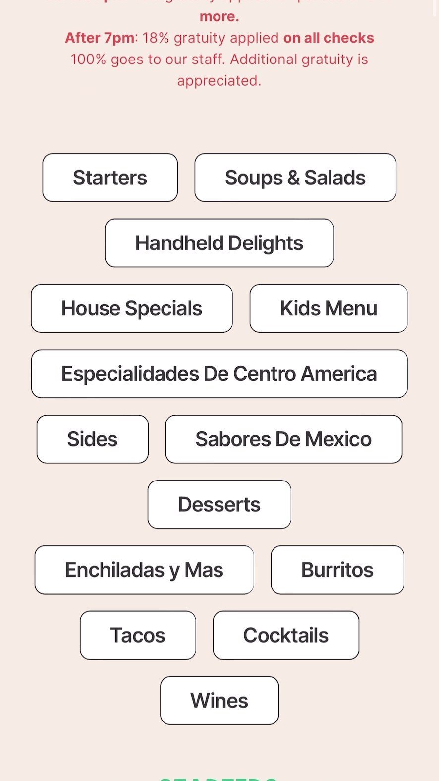 The website's menu on a phone: buttons for starters, tacos, cocktails and more