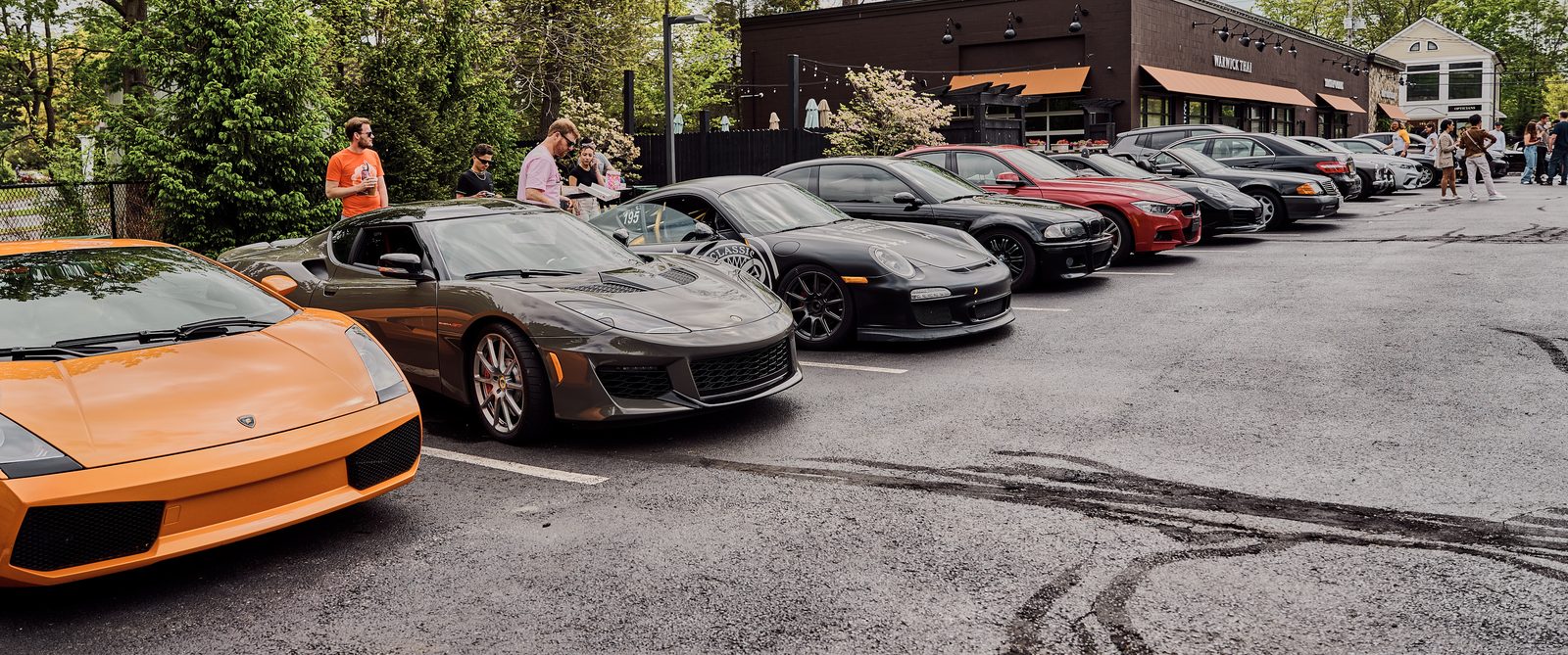 The rally's cars lined up in a town car park