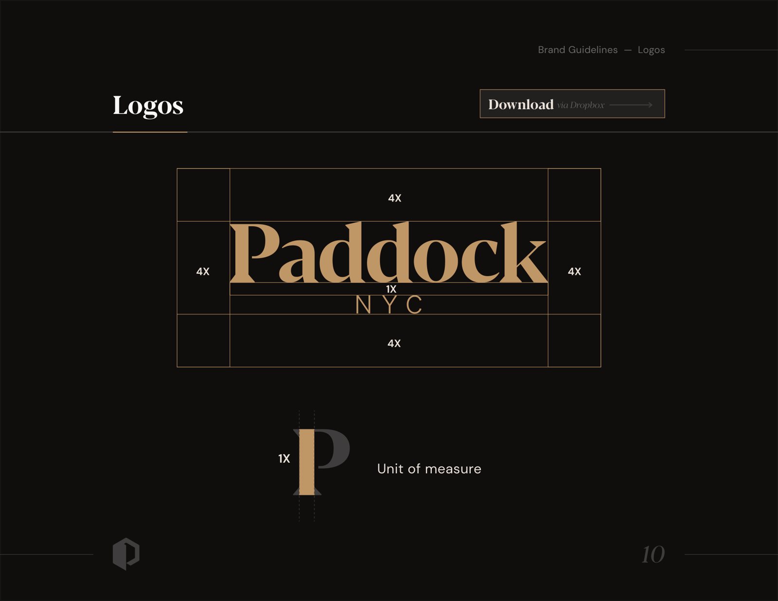 A guidelines spread: the Paddock NYC lockup and the P on its unit of measure