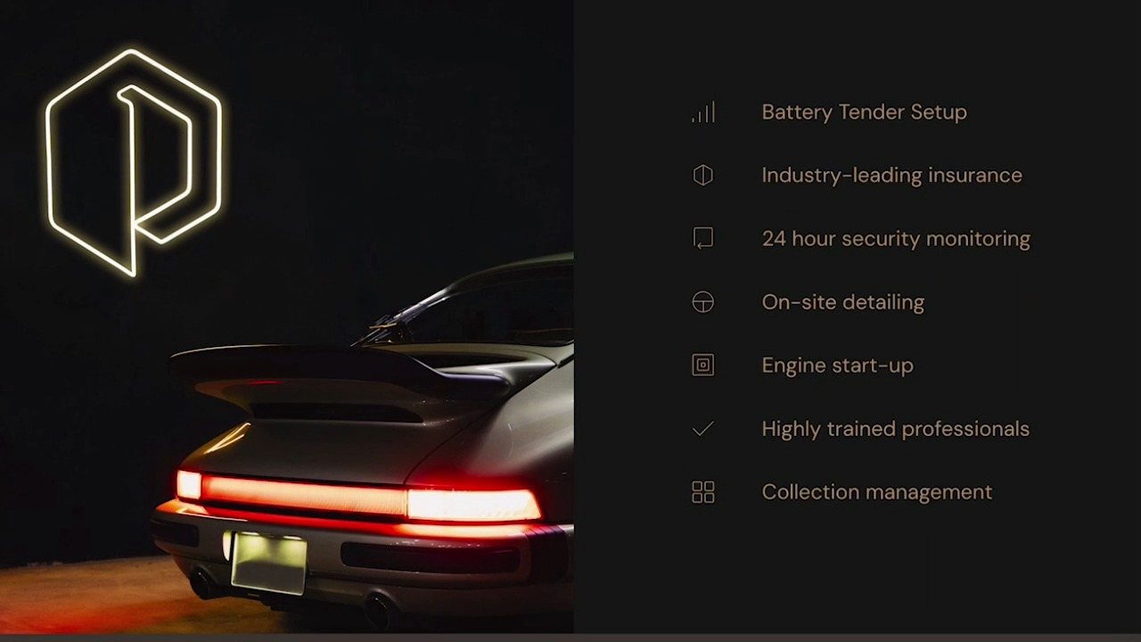 Paddock's website: the lit P mark over a classic Porsche, beside the list of services