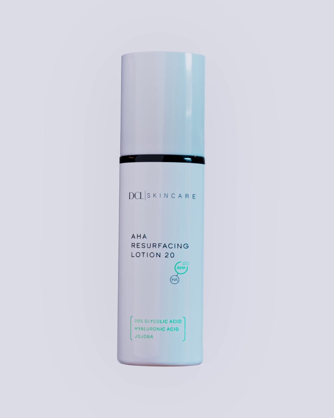 The AHA Resurfacing Lotion bottle standing alone on pale blue